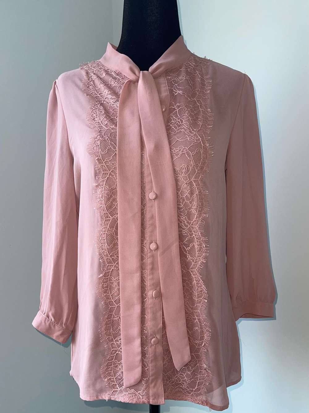 {5 for $10} Women's Pink Lace Tie-Neck Blouse